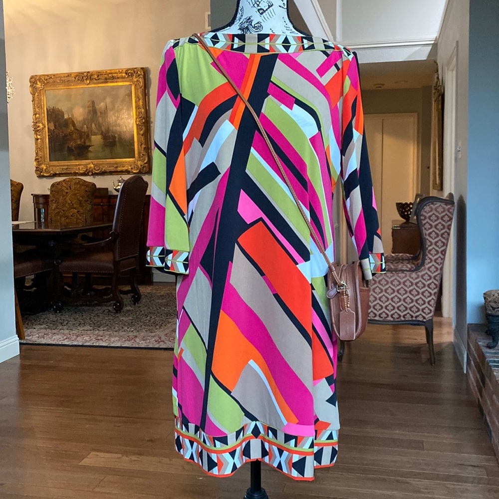 Sandra Darren dress in gorgeous geometric colors.